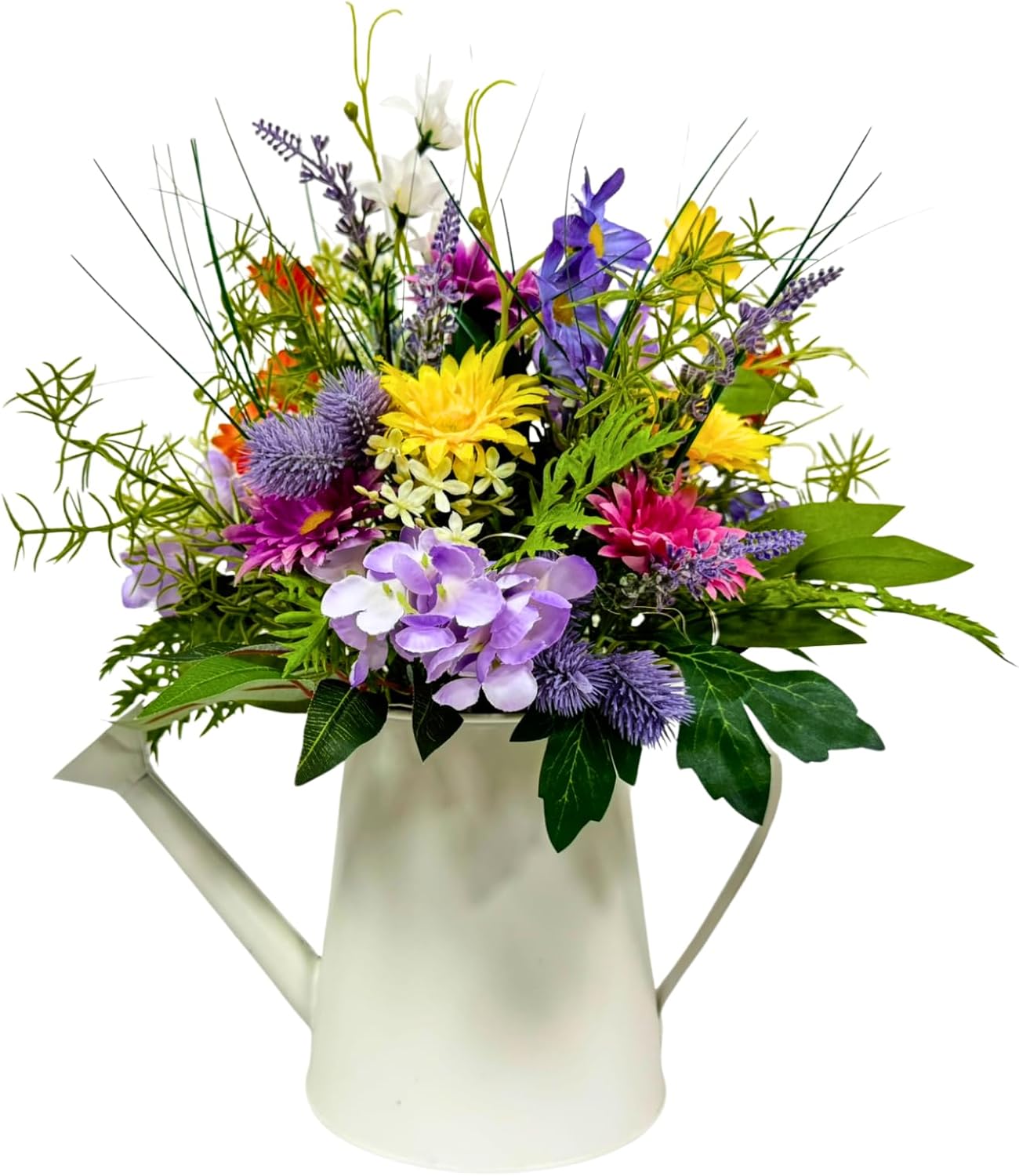 14 Inch Farmhouse Floral Centerpiece in Watering Can, Lighted Spring Summer Wildflower Arrangement with Timer Daisies for Table Decor Home and Kitchen