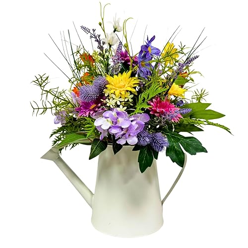 14 Inch Farmhouse Floral Centerpiece in Watering Can, Lighted Spring