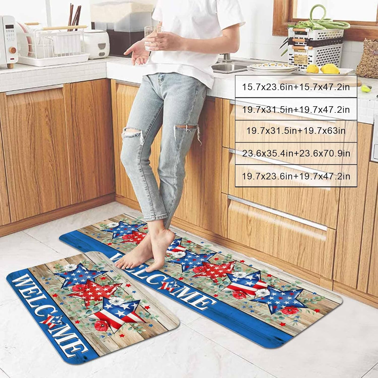 Independence Day Star Kitchen Mat Set 2 Pieces Welcome Red Blue White Star Green Leaf Wood Grain Non Slip Kitchen Rugs Washable Runner Rug Mats for Sink Laundry (23.6" x 35.4"+23.6" x 70.9")