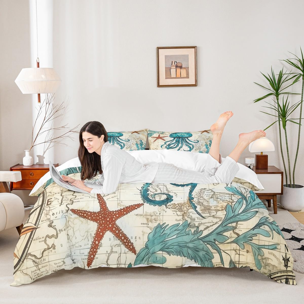 richhome Set di biancheria da letto per letto matrimoniale con motivo con meduse e oceano, per letto matrimoniale, motivo nautico con mappa degli animali marini, stella marina, stella marina