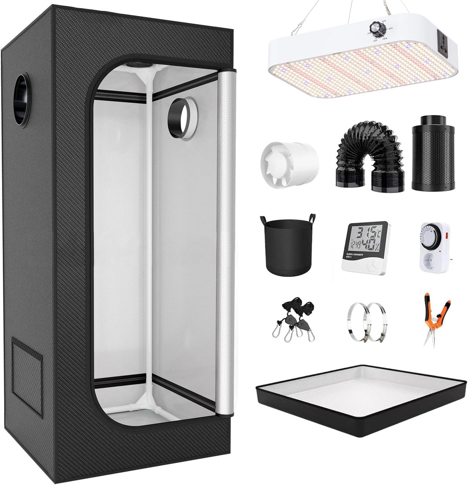 Complete Grow Tent Kit with 200W Dimmable Full Spectrum LED Lights, 80x80x180cm (31.5x31.5x70.9in) - Ideal Indoor Hydroponic Grow Tent for Plants
