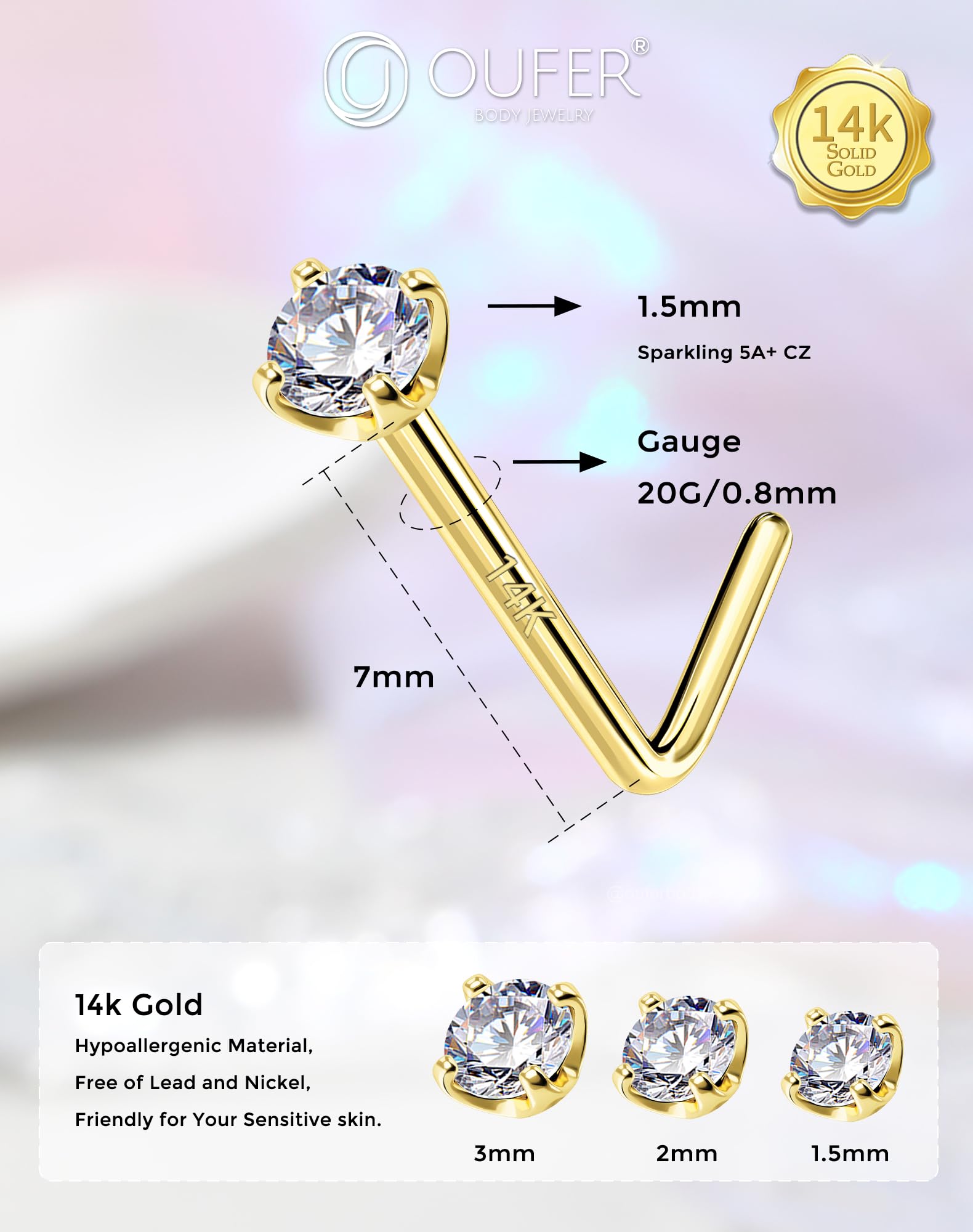 OUFER Body Piercing Nasenpiercing Stud Jewellery 22G Nose Bar Gold Nose Piercing 14K Nasenpiercing L Shape Nose Stud Ring Nose Bone Pin