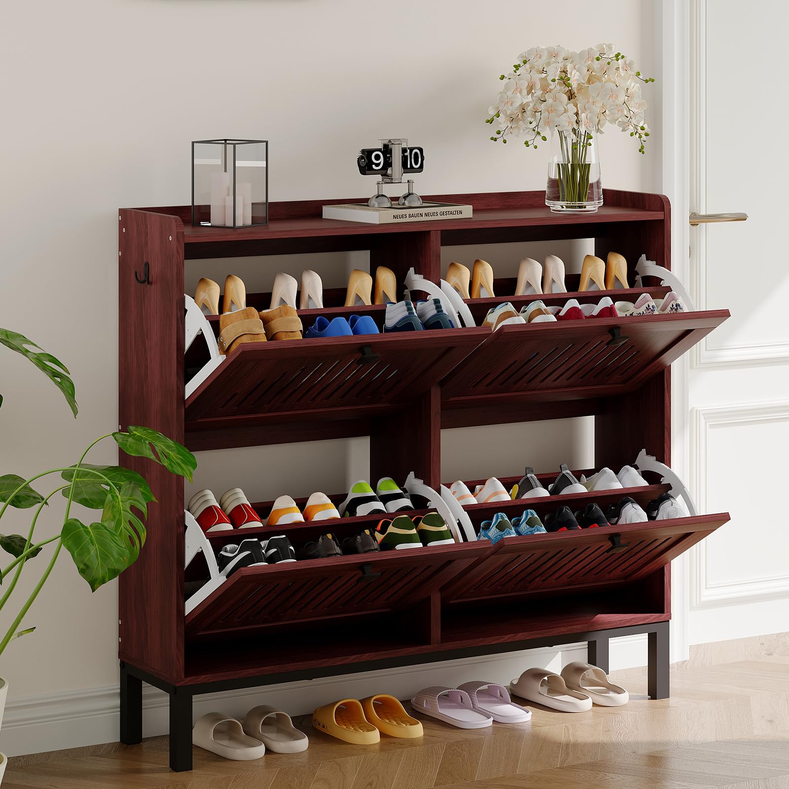 Schmaler Schuhschrank mit 4 Klappfächern - verstellbare Einlegeböden - Kippschutz - belüftete Front - großer Stauraum, freistehend für Flur/Diele - Farbe: Walnut