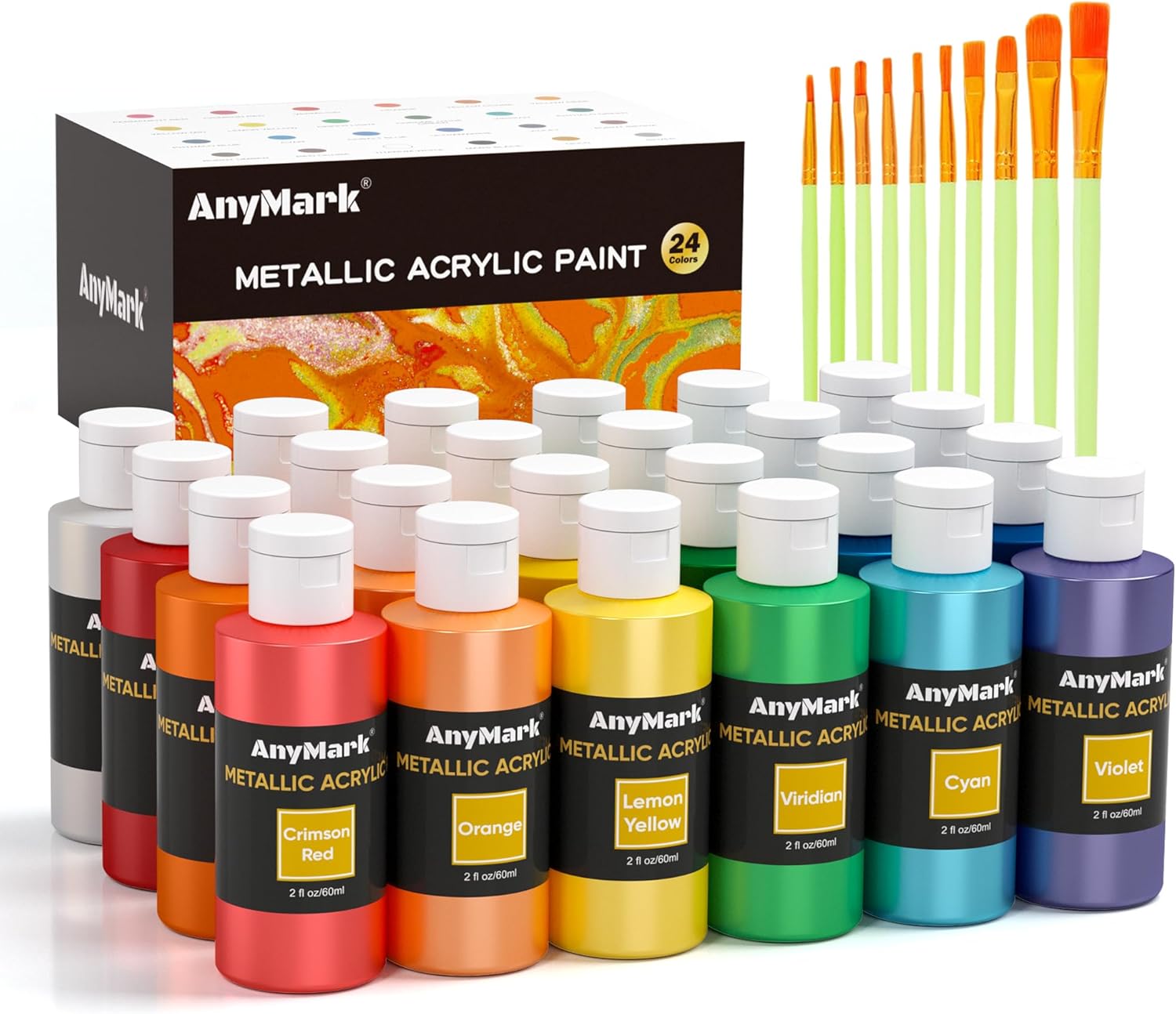 AnyMark Metallic Acrylic Paint, 24 Colors with 10 Brushes, 2 fl oz/60ml Bottles, Glitter Acrylic Paint Set for Kids Adults Canvas, Rock, Wood
