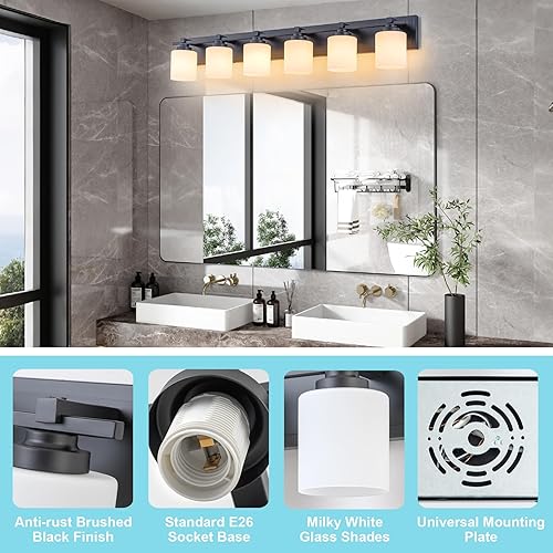 Miniatura 99 de 3 lámparas modernas de baño sobre el espejo, luces de tocador de oro negro para apliques de pared de baño con pantallas de vidrio blanco lechoso