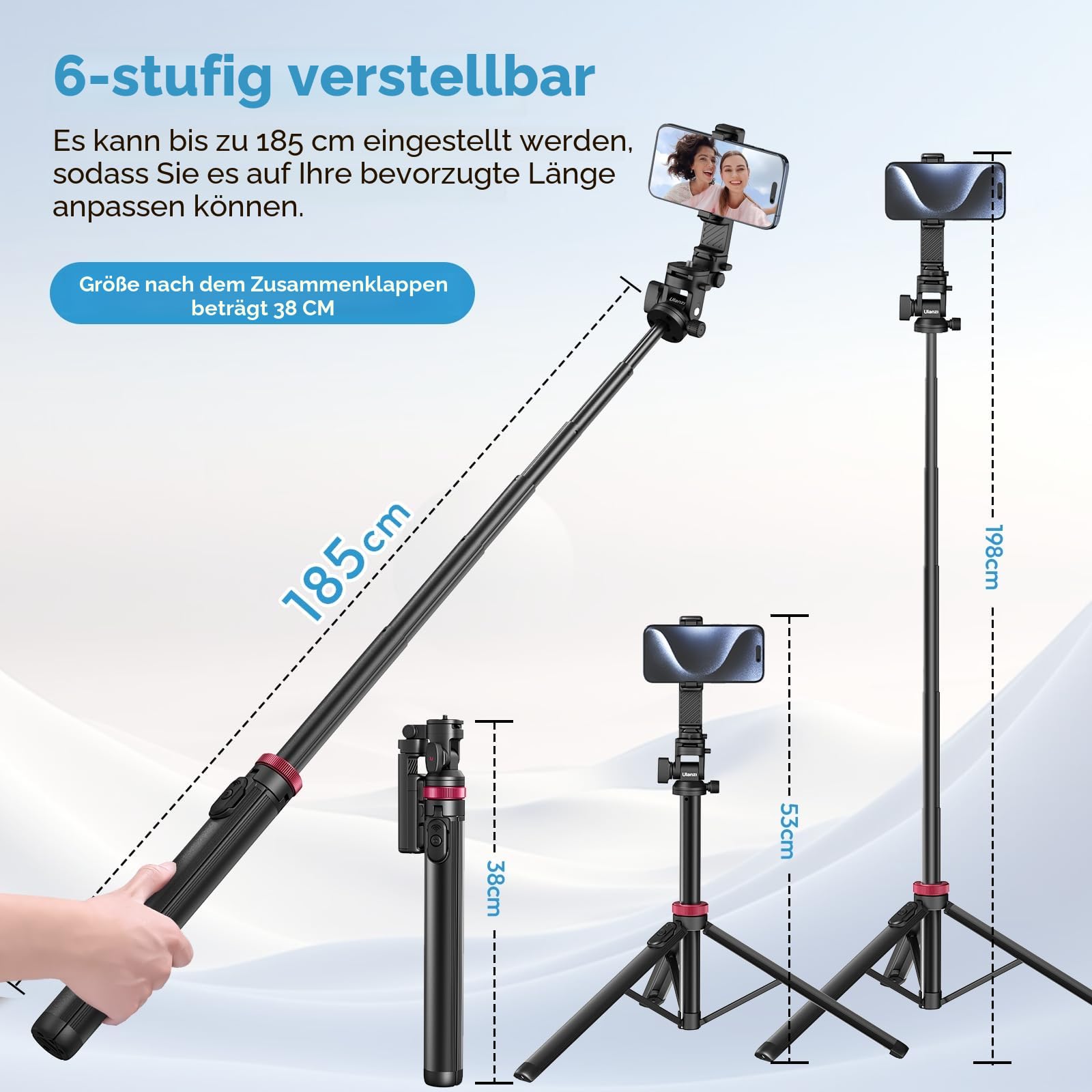 ULANZI MT-78 185cm 3-in-1 Handy Kamera Stativ Ausziehbares Bluetooth Selfie-Stick, Tripod mit 1/4" Schnellwechselplatte, 360°-Kugelkopf, Kompatibel mit Kamera, Sony, Canon, Fuji, iPhone Samsung Huawei