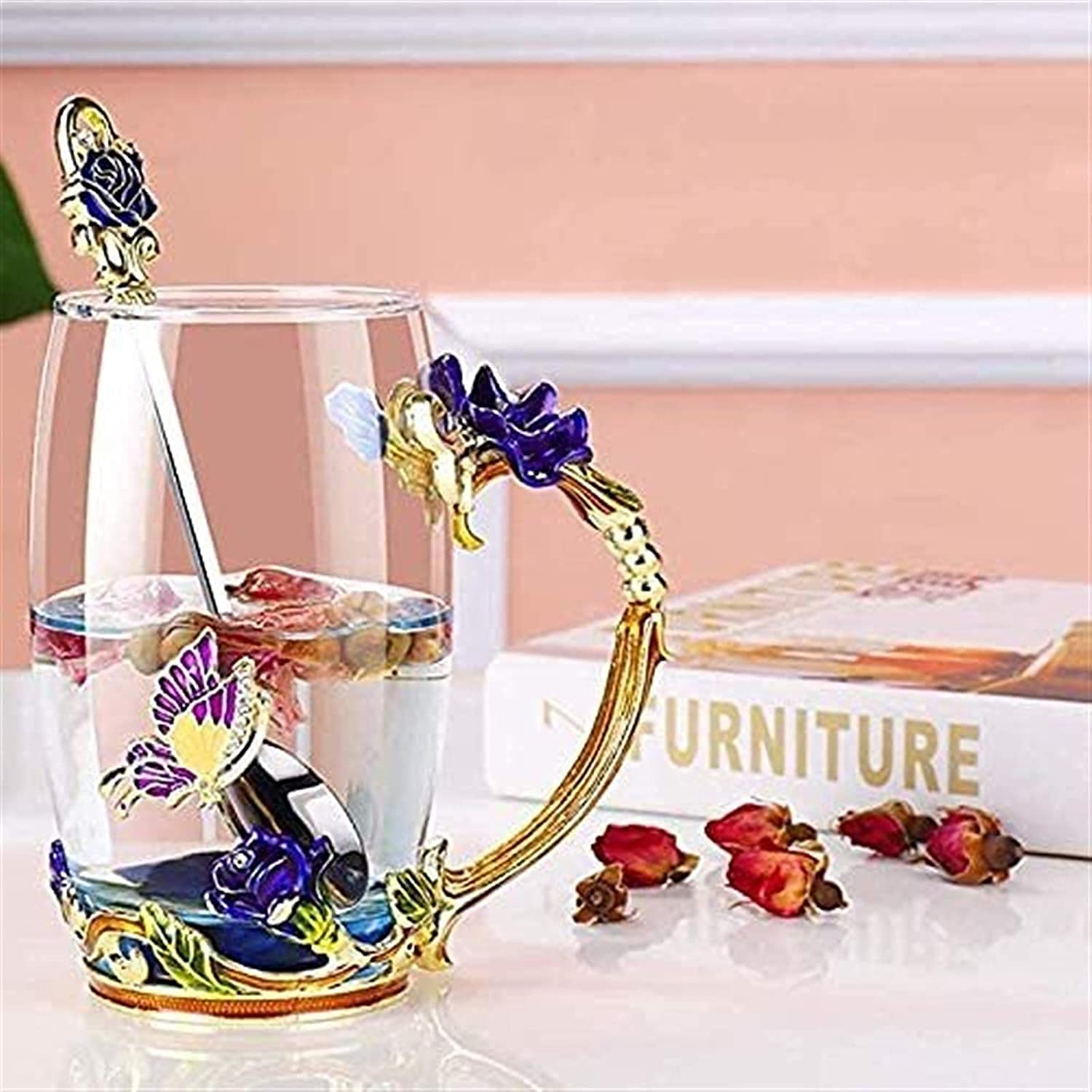 Teetassen, Emaillierte Blumen-Teeglastasse, Kaffeetasse, Glastasse, Damentasse, Blumen-Teetasse, tragbare Wassertasse for Damen, Emaille-Sonnenblumen-Glas-Teetasse, Kristallglas-Löffel-Set