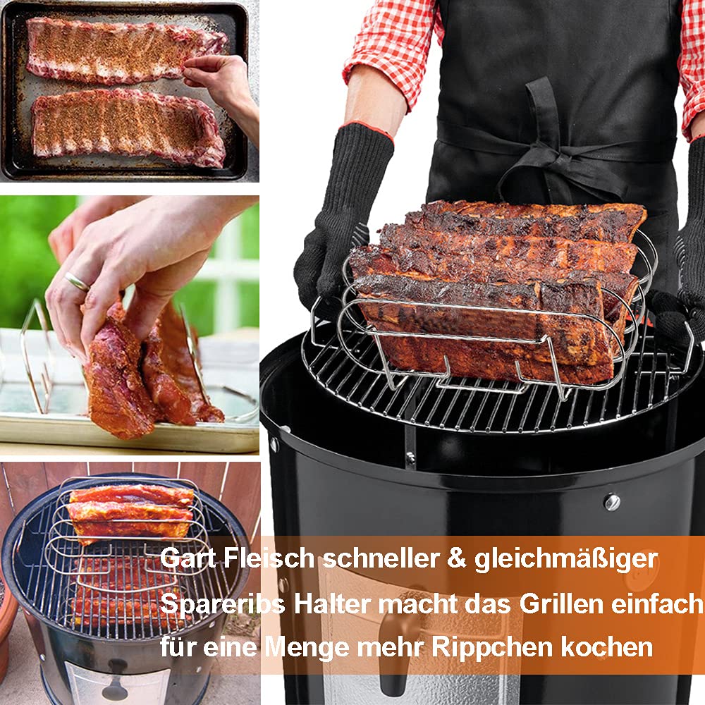 Spareribs Halter Grill – Braten und Rippchenhalter Edelstahl, Aufsatz zur Zubereitung von 5 Spareribs und Braten auf Gas- und Kohlegrill – Backofen- und Spülmaschinengeeignet – 33 x 29 x 8 cm