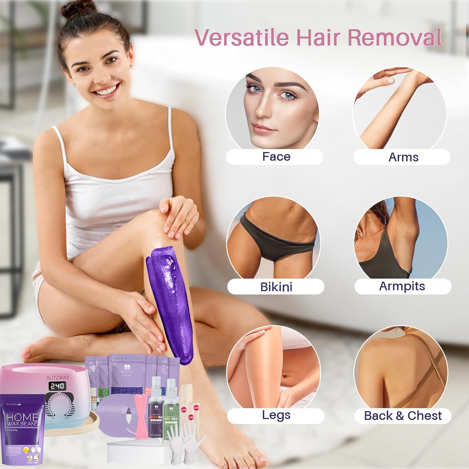 BLITZWAX Brazilian and Bikini Waxing Kit with 1lb Lavender Wax Beads, Digital Wax Warmer for Face, Legs, Body, Beginner Friendly, At Home Hair Removal Kit for Women, 7 Packs Wax Beans