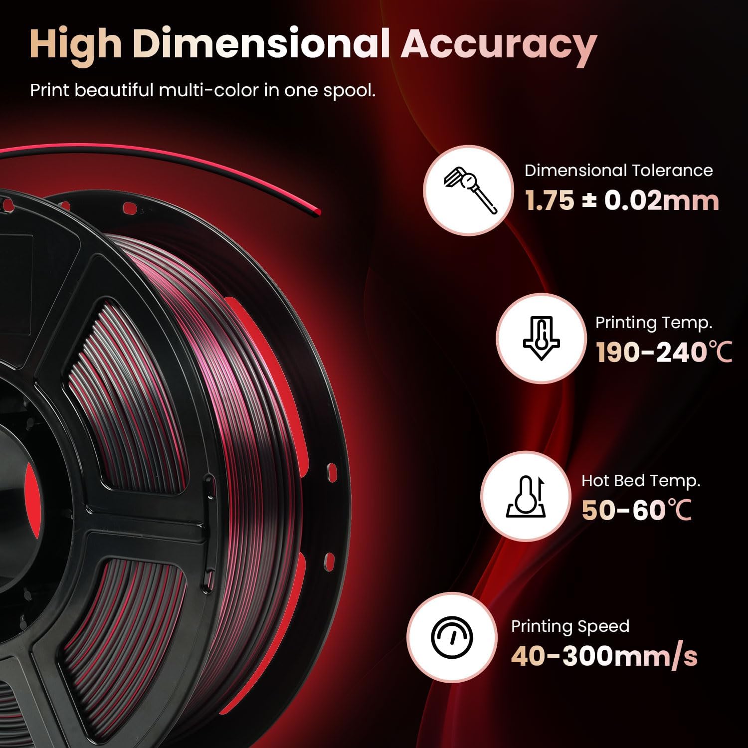 FLASHFORGE Silk Bi-Color PLA Filament 1.75mm, Coextrusion Black Red Dual Color Multicolor 3D Printer Filament, Enchanting Silk Finish with 360° Multicolor Shifting Color Effect - Image 5