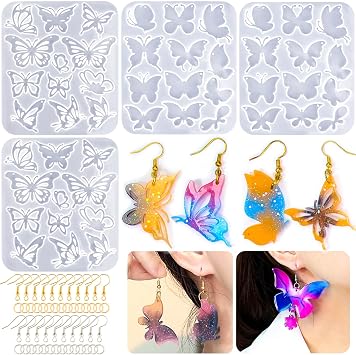 JHYlilia 24 Pairs Butterfly Resin Earring Molds, Butterfly Silicone Jewelry Resin Molds with 200Pcs Ear Hooks & Jump Rings, DIY UV Epoxy Resin Casting Kit for Earrings Pendants Keychains