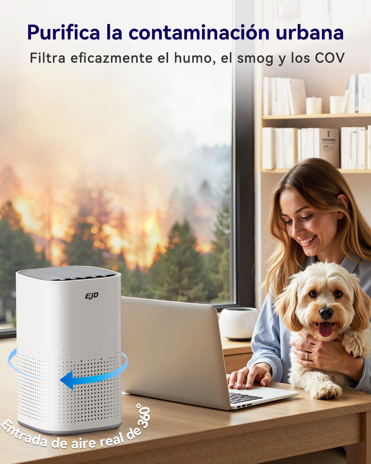 EJD Purificador de Aire con Filtro H13 True HEPA para dormitorio | Silencioso 3 Velocidades. Elimina Polvo, Caspa, Olores y Humo. Ambientador, Ideal para Dormitorio, Hogar y Oficina.