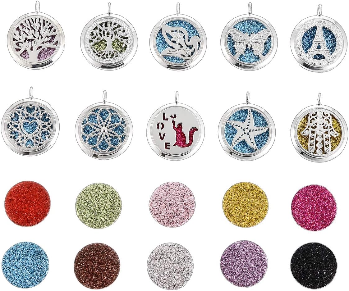 Vie Jeune 10pcs Mixed Tree of Life Butterfly Aroma Diffuser Charms Stainless Steel Tone Perfume Essential Oil Diffuser Necklace Pendant Locket Jewelry (Style 7), 30*35*12mm, Metal