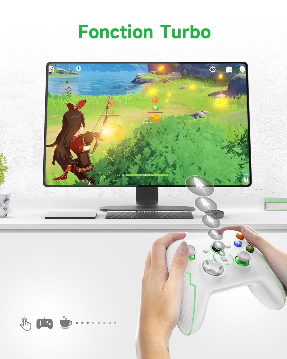 EasySMX Manettes PC PS3 sans Fil Rechargeable, 9013PRO Manette Switch Pro sans Fil Bluetooth, Manette PC pour Téléphones Android iOS, Android TV Box et Tesla, Blanc Vert, ESM-9013PRO
