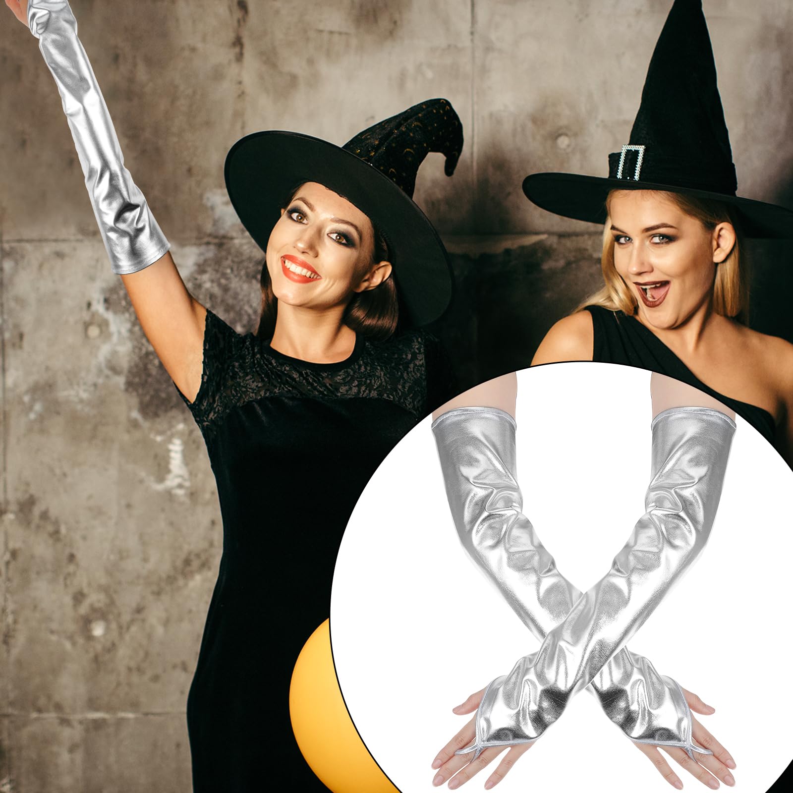Metaliczne rękawiczki bez palców, srebrne rękawiczki do łokci, długie rękawiczki operowe dla kobiet, rave, wieczór, Halloween, kostiumy, przyjęcie herbaciane, cosplay, maskarada, lata 80, Srebrny