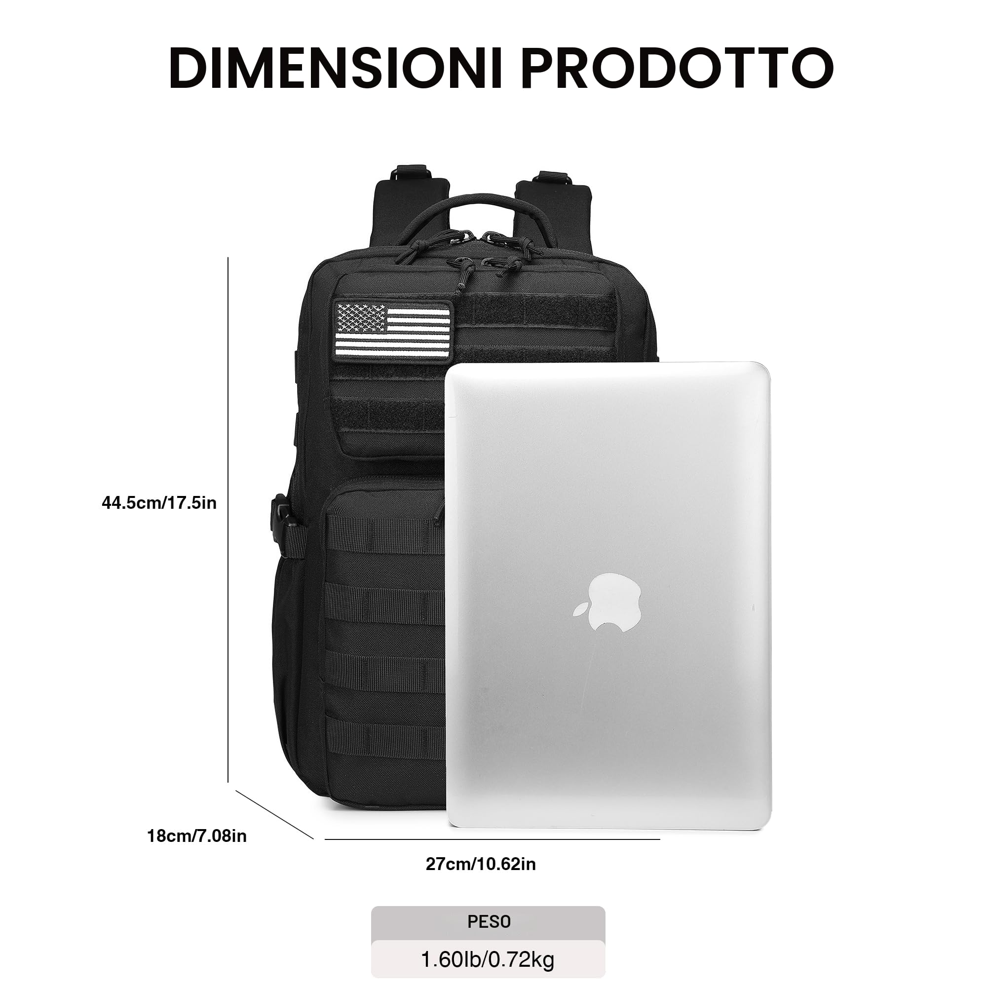 Zaino Tattico Militare Impermeabile 25 L Nero Molle con Porta Borraccia