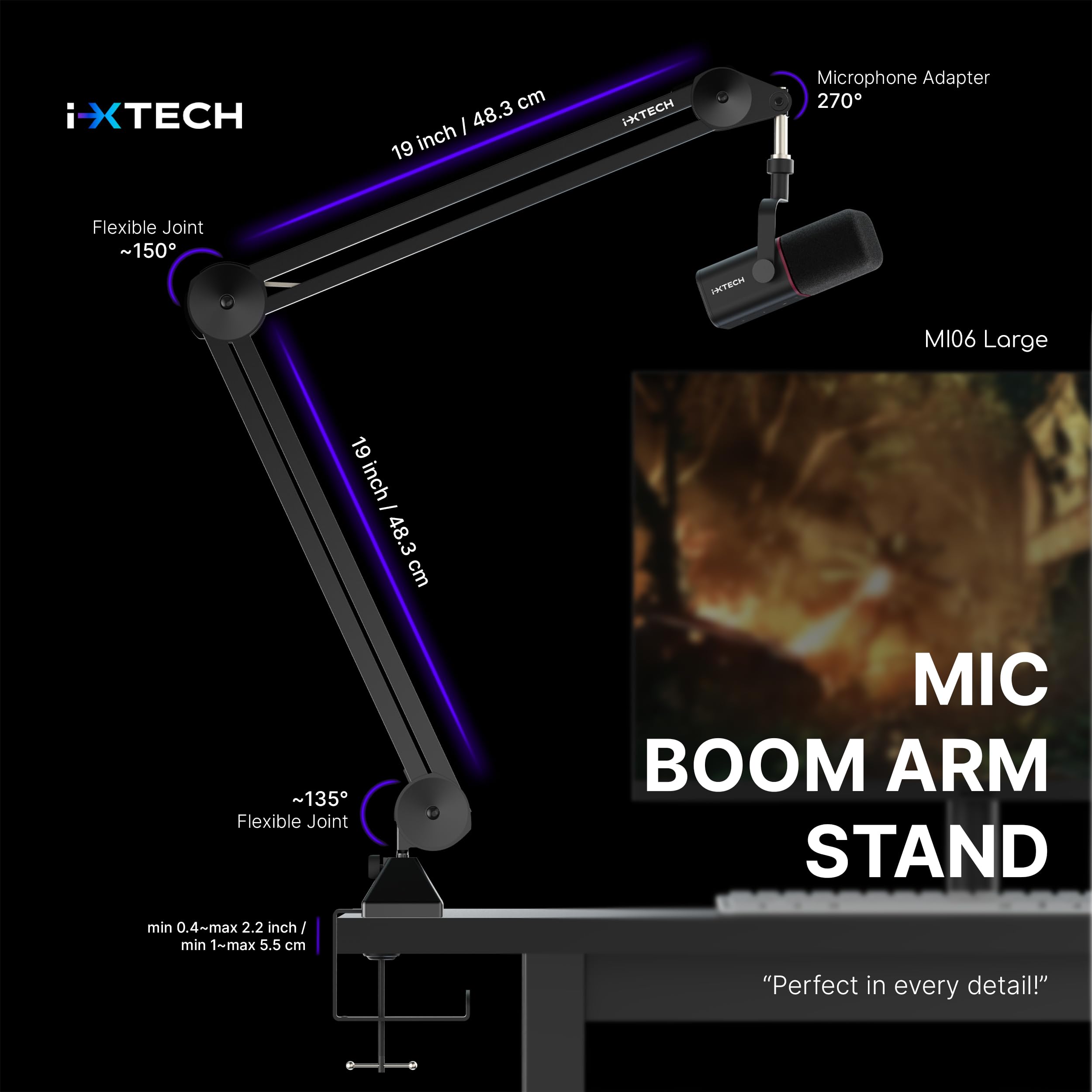 IXTECH Soporte de Brazo para Micrófono, Ajustable y Resistente con Bridas para Cables, Montaje en Escritorio para Juegos, Transmisión, Podcasting (Grande)
