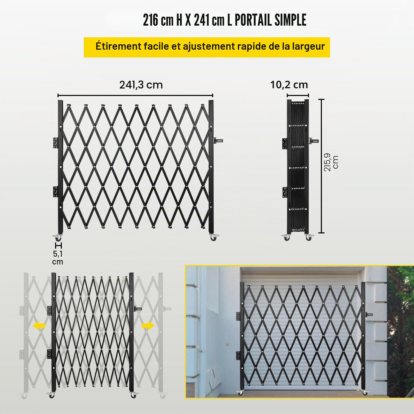 VEVOR Barrière de Sécurité Extensible Pliante Simple, 2,21 m H x 2,4 m L, Clôture d’Escalier en Acier, Roulante à 360°, Barrière à Ciseaux ou Porte avec Cadenas, pour Maison sous-Sol Garage, Noir