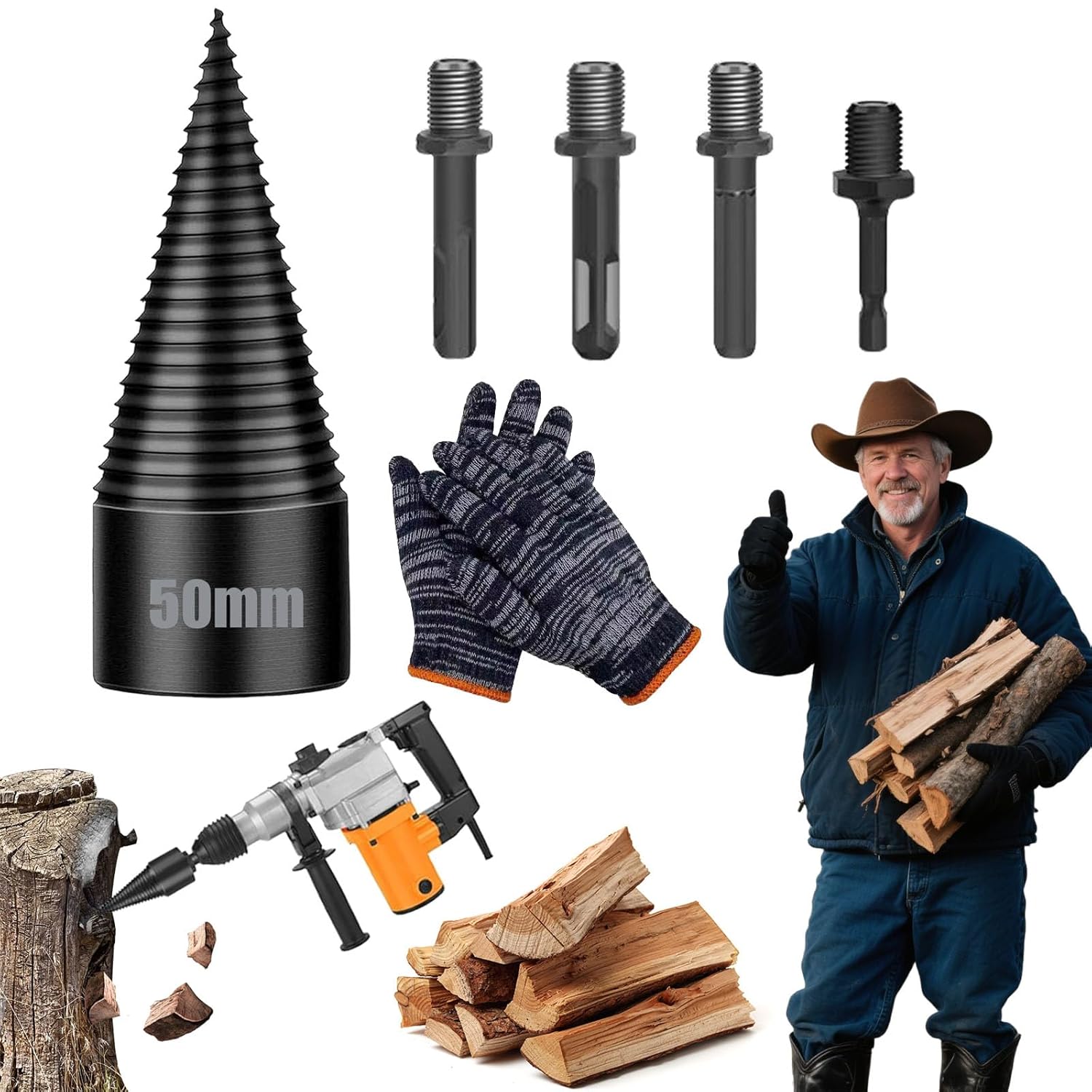 Firewood Drill Bit Set, Wood Log Splitter Firewood Drill Bit, 42mm/32mm Wood Splitter Drill Bits, Log Splitter Drill Bits with Anti-Slip Gloves and 4 Drilling Handles, for Dry Soft Woods (Set-B)