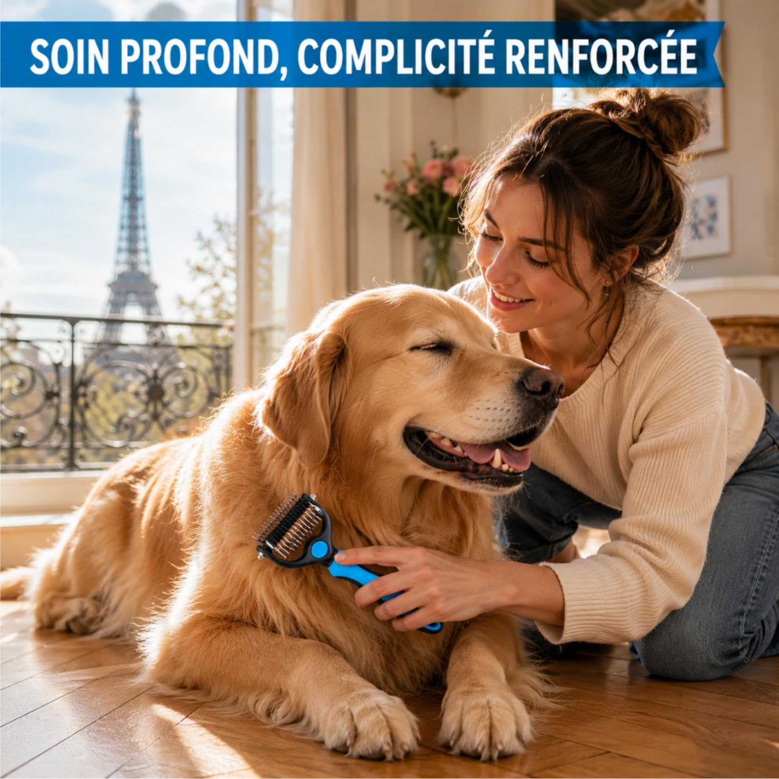 Outil de toilettage Pet Pro, brosse chien poil long, brosse de deshedding professionnelle et outil de dématage pour fourrure à poils longs et courts (Bleu)