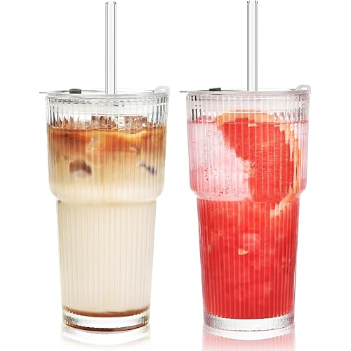Haundry 20 oz Ribbed Glass Tumbler with Lids and Straws, 2 Pack Iced Coffee Cups, Thickened Glassware Set, Ripple Design Glass Cups for Coffee, Soda, Smoothies, Cocktails and Juice