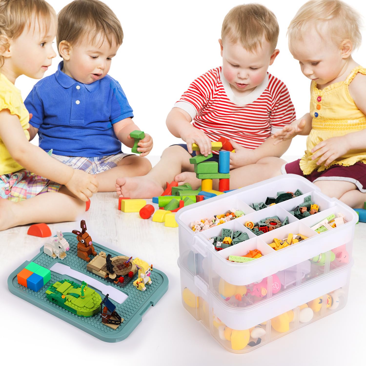 BOXOB Contenitore Giocattoli per Lego, Contenitore per Blocchi di Costruzione a 3 Strati Impilabile a Scomparti Selezionatore Puzzle per Mattoncini Scatola Smistamento Giocattoli (Verde Oliva)