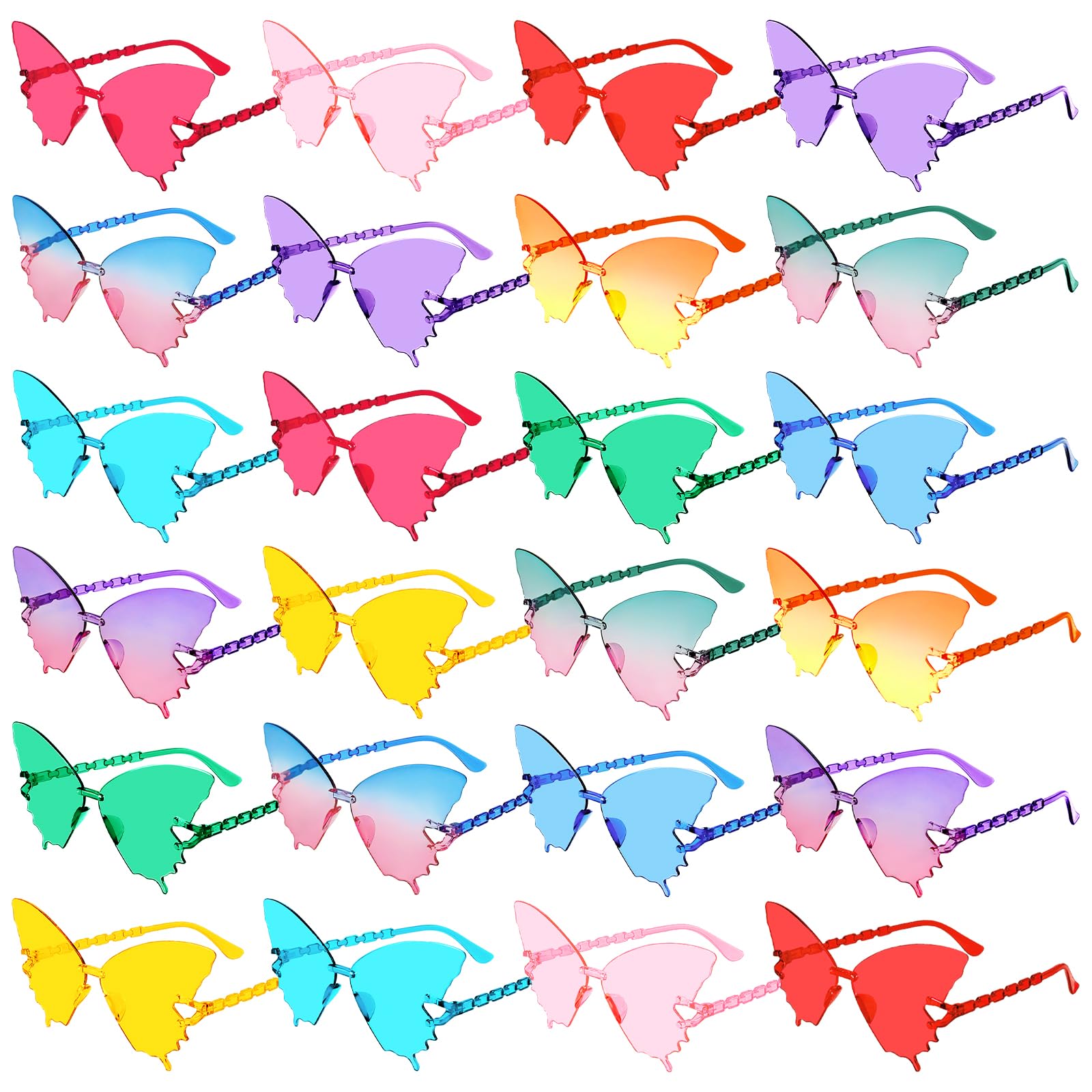 Pibupibu 24 Pack Star Heart Butterfly Flame Sunglasses Bulk Rimless Fun Colorful Sunglasses for Women Party Favors