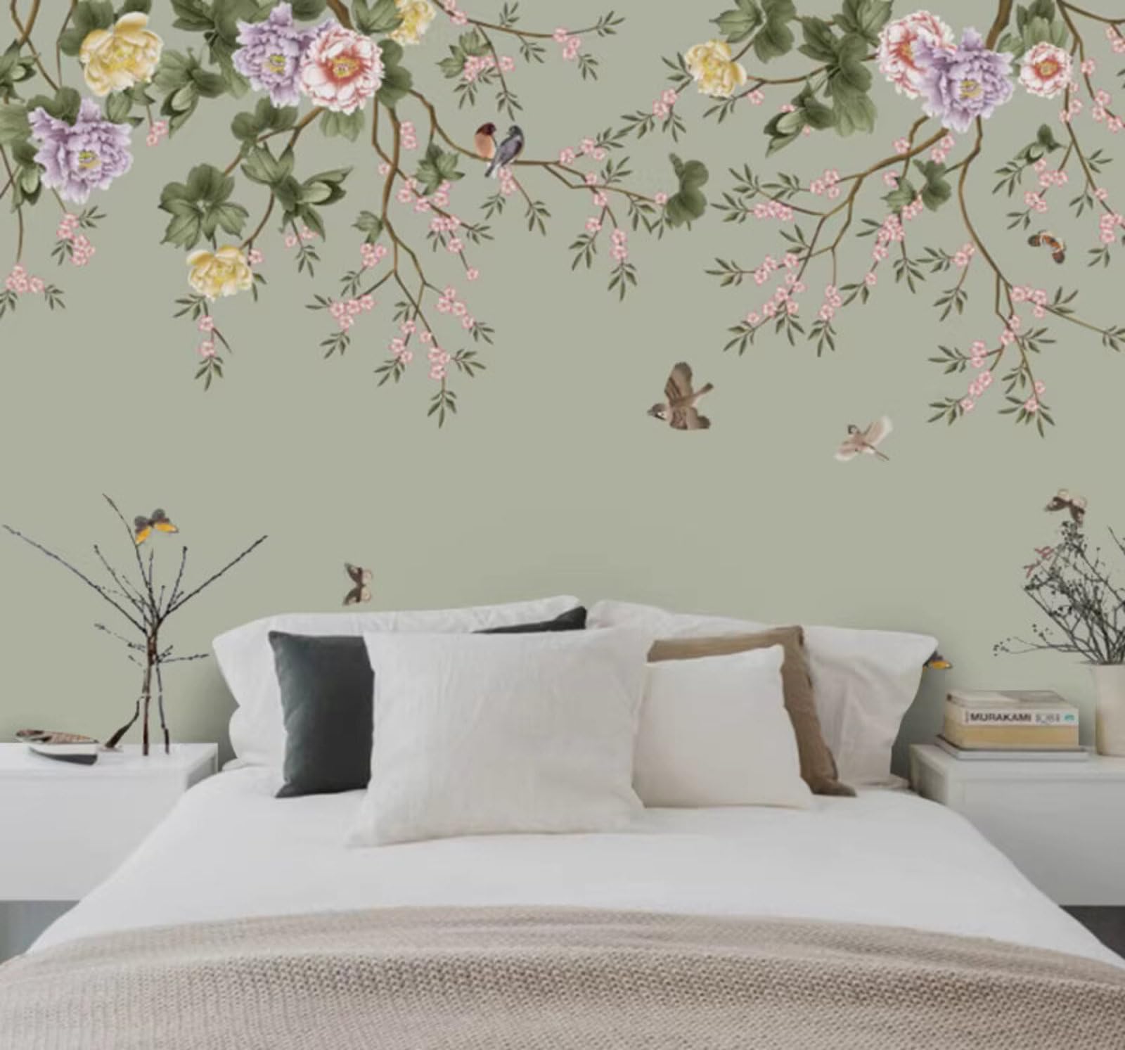 Minimalist Hand Drawn Elegant Classical Flowers and Birds 3D Wallpaper Easy Install Feature Office Living Room Sofa Bedroom TV Background Wall Decoration-250cm×170cm