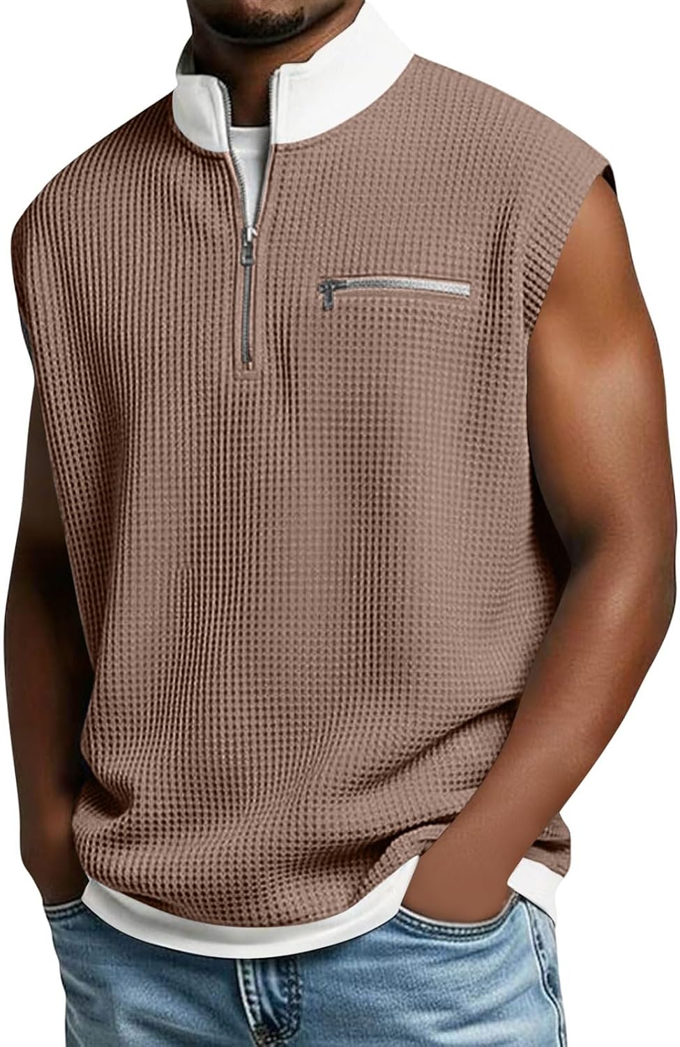 Stand Collar Half Zipper Vest for Men Waffle Solid Faux Two-Piece Patchwork Top Casual Summer Lightweight Tank Tops