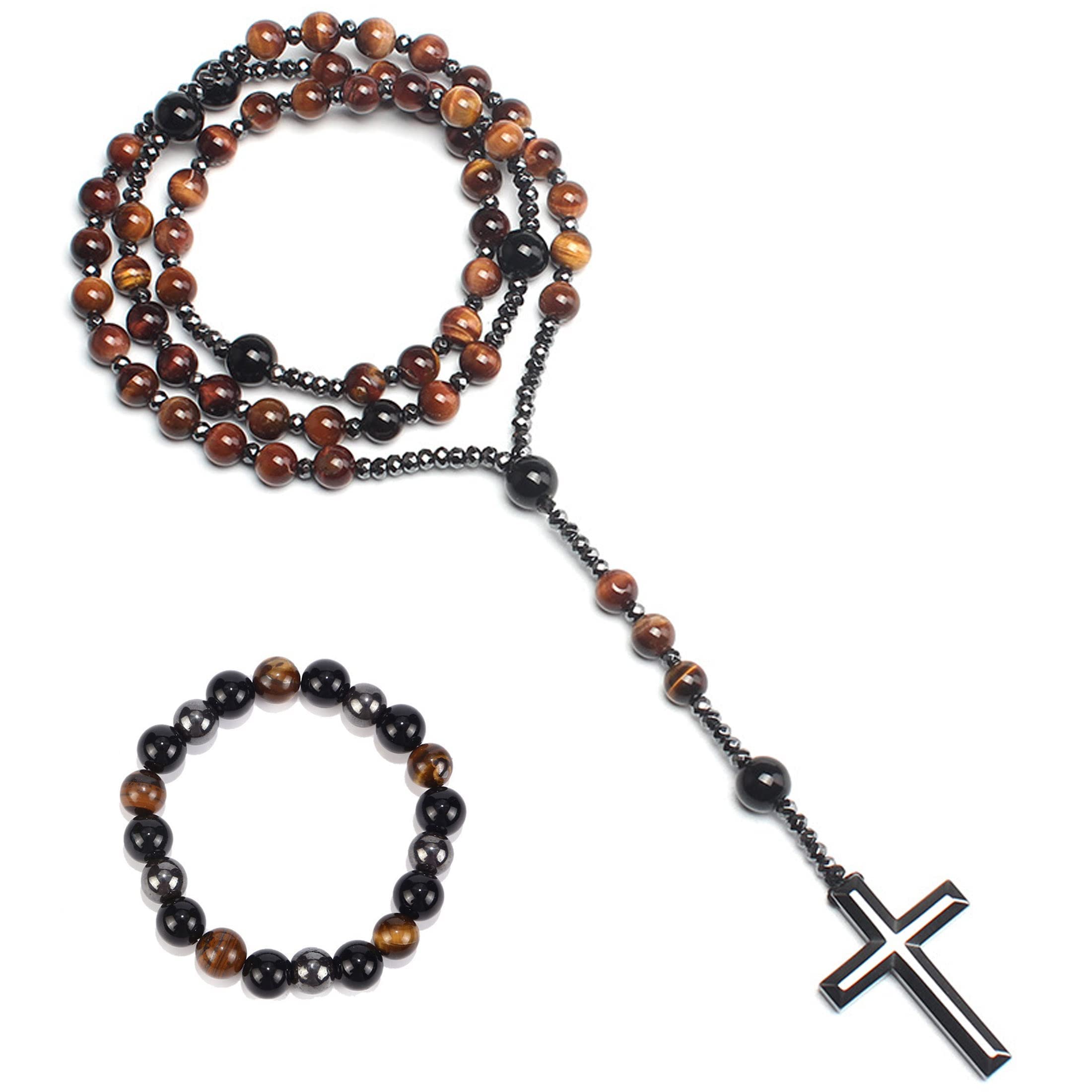 BUNSFYUTiger Eye Necklace and Bracelet Set, Cross Pendant Necklace, Triple Protection Bracelet, Healing Crystal Black Obsidian Tiger Eye and Hematite Beads Jewelry