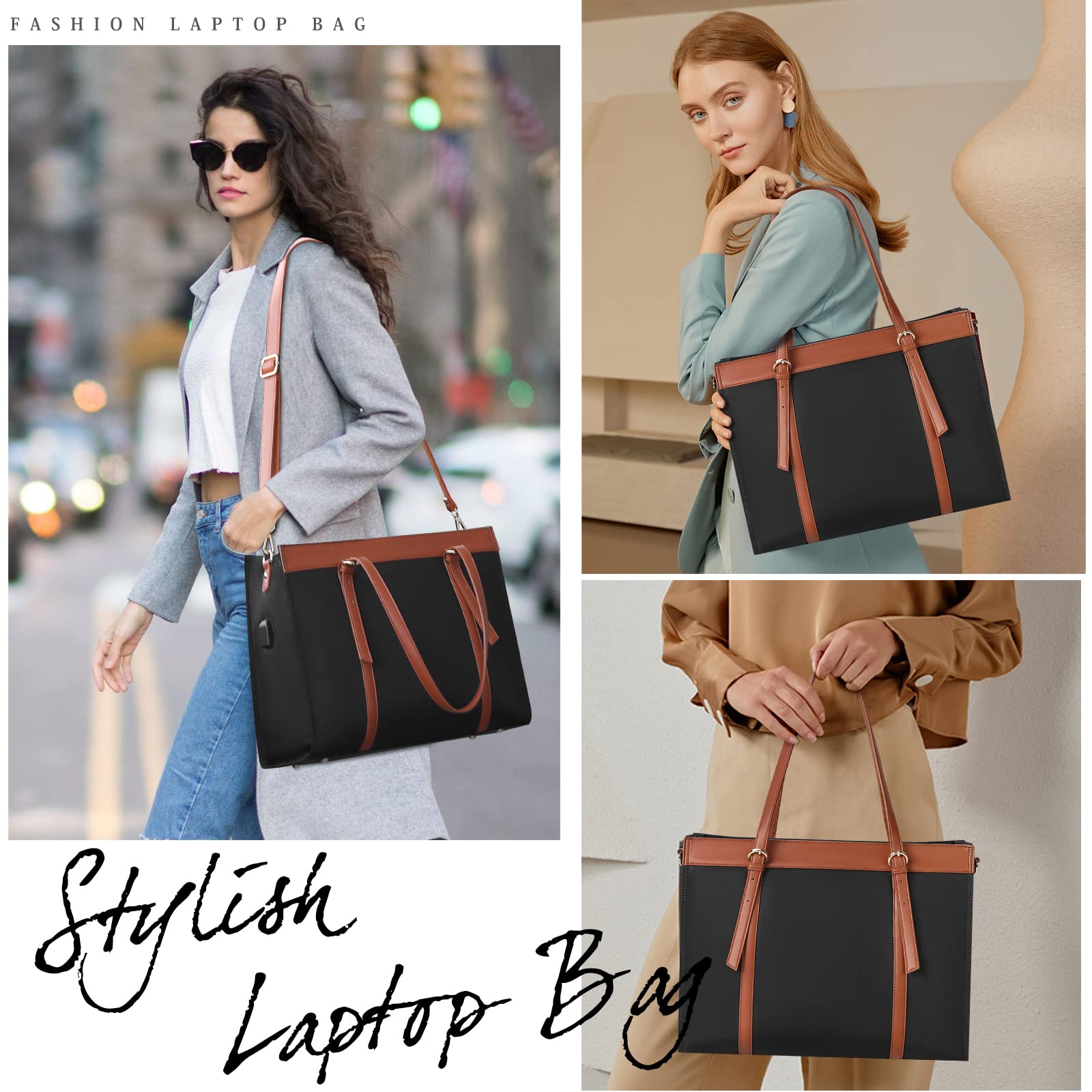 KTMOUW Shopper damska duża torba na laptopa o przekątnej ekranu 15,6", wodoszczelna, biznesowa, do szkoły, na laptopa, torba na ramię z przyłączem USB, czarny, Retro