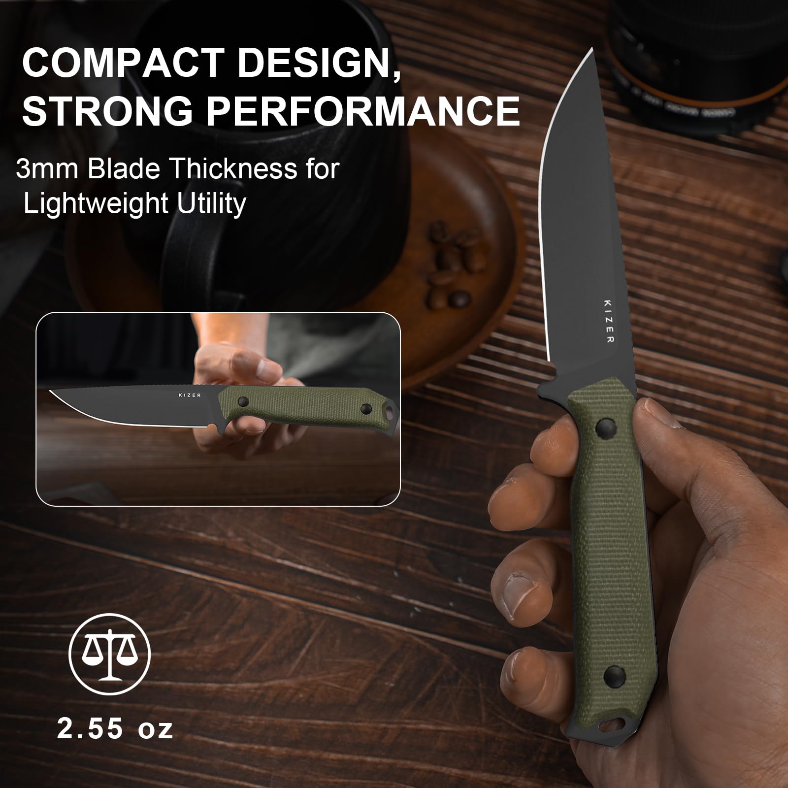 Kizer Begleiter Fix Outdoor Messer, 3,78" D2-Stahl Drop Point Klinge Jagdmesser mit Micarta Griff, Campingmesser mit Feststehender Klinge für Wanderungen Überleben, 1045MD3