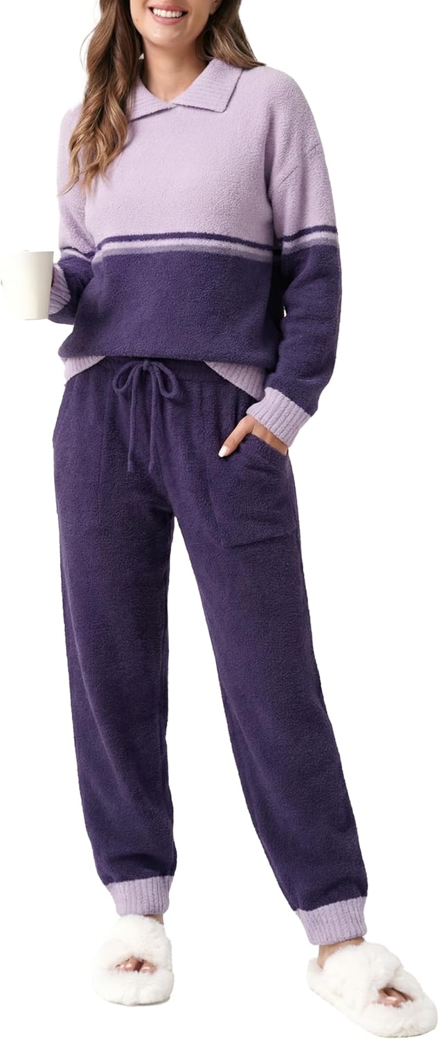 DAVID ARCHY Warm Pajamas for Women Fleece Lounge Sets Winter Fuzzy Cozy Soft Comfy Long Sleeve Pj Sleepwear Hooded Loungewear