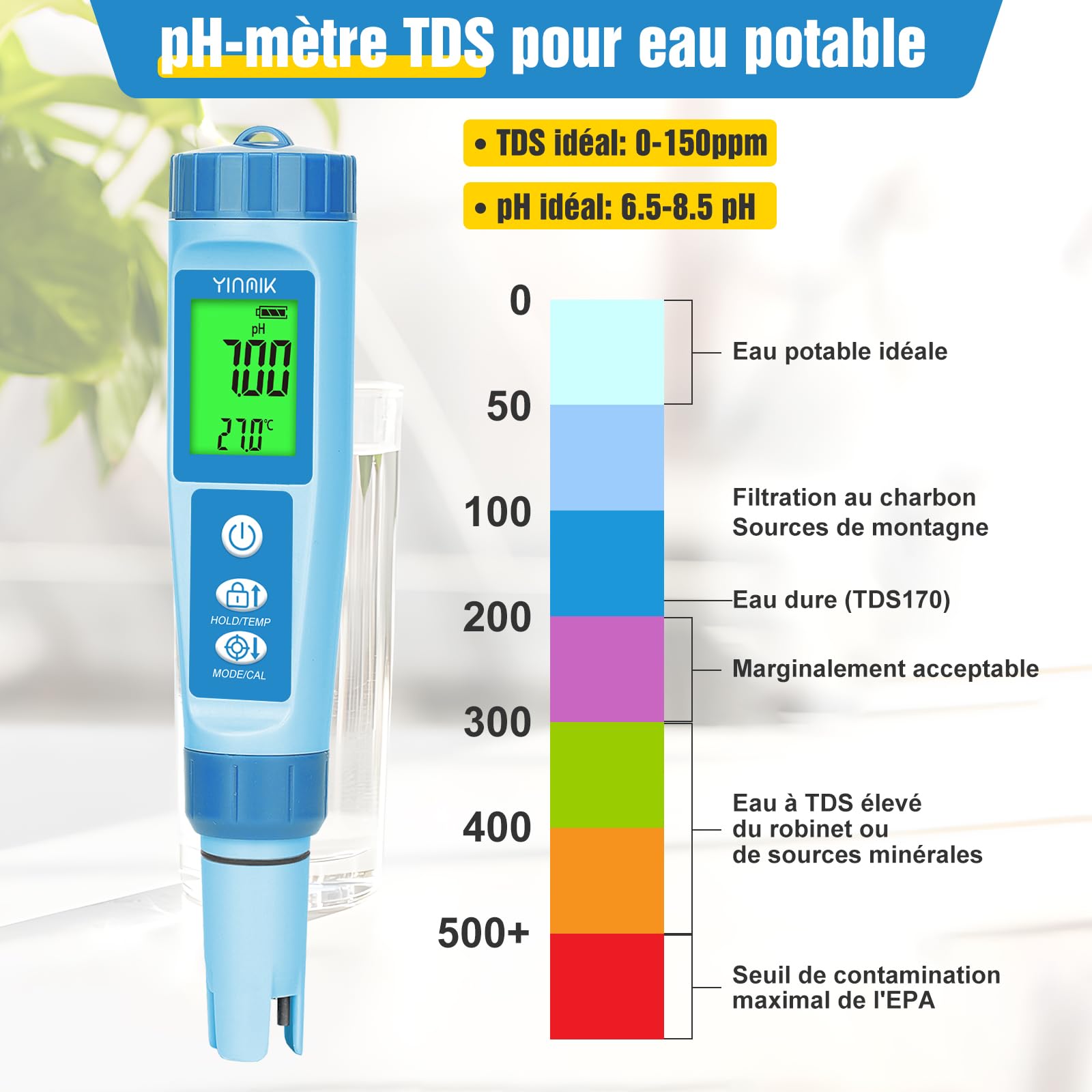 YINMIK Testeur pH EC TDS 4 en 1, pH-Mètre Digital | Mesure pH, EC, TDS, T° simultanés, Pour Hydroponie, Piscine, Spa, Aquarium, Avec Précision