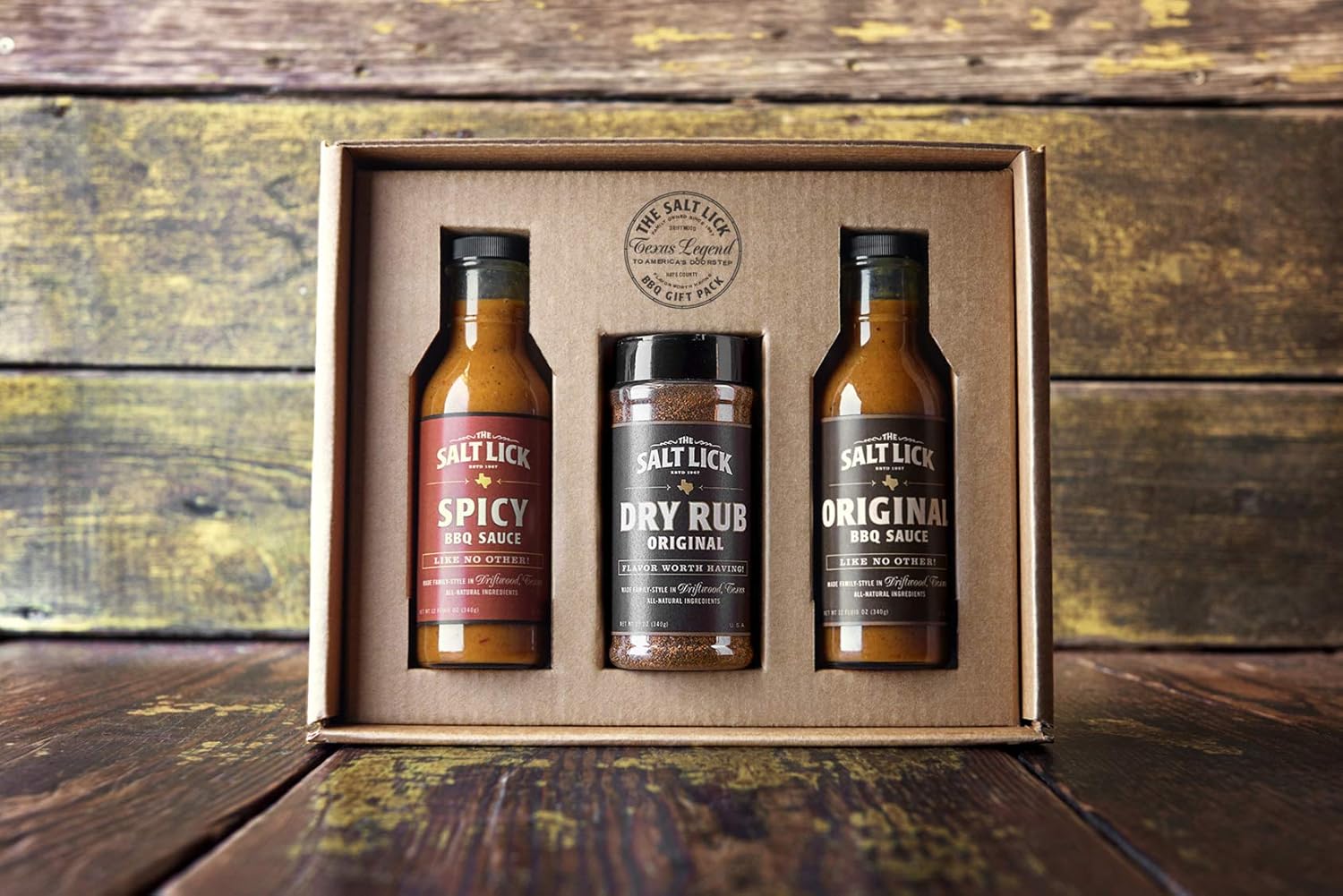 Salt Lick BBQ Sauce and Dry Rub Gift Pack - Driftwood Texas BBQ Sauces and Seasoning Set Original Dry Rub, Original and Spicy BBQ Sauce
