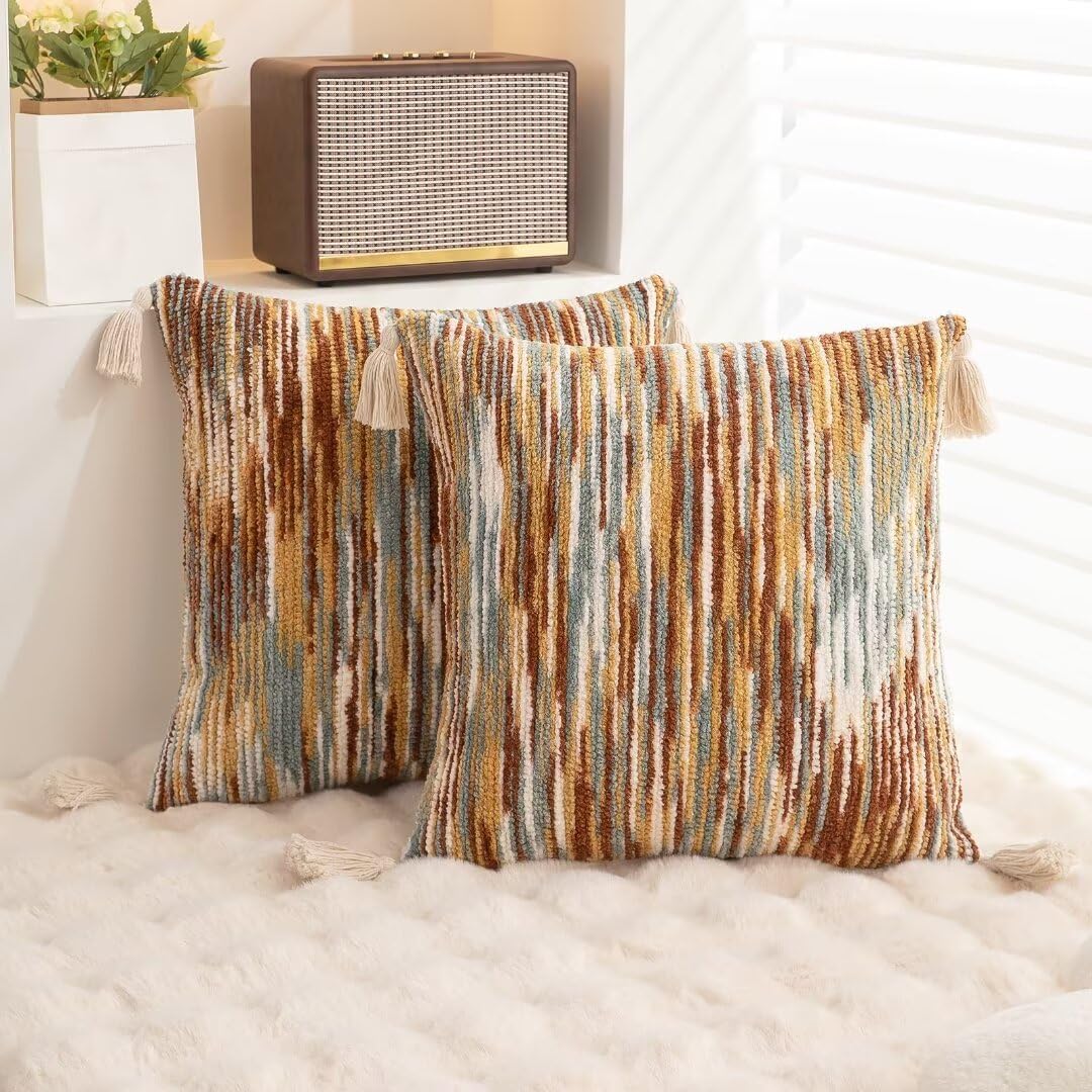 Boho Throw Pillow Covers 18x18 Set of 2 Woven Tufted Farmhouse Pillows Cover with Tassels Textured Striped Cushion Case Neutral Pillow Cases Decorative Pillowcase for Sofa Couch Bed,Rust