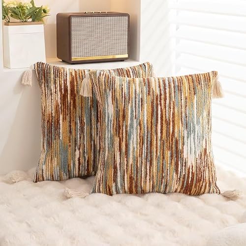 Miniatura 4 de WANLIRD Juego de 2 fundas de almohada bohemias de 18 x 18 pulgadas, fundas de almohada tejidas copetudas con borlas y textura a rayas, fundas de