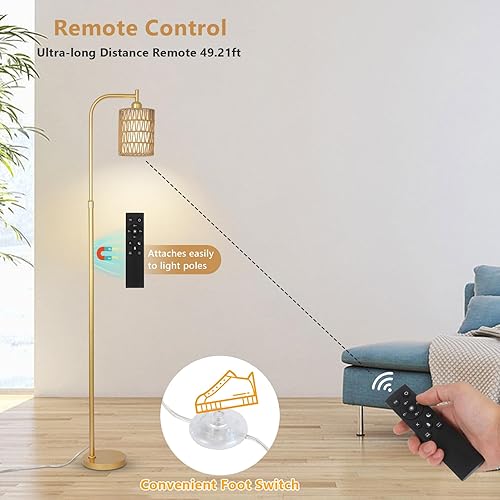 Miniatura 15 de Lámpara de pie con control remoto, lámpara de pie de ratán regulable con bombilla LED, lámpara de poste alto industrial negra con pantallas de ratán