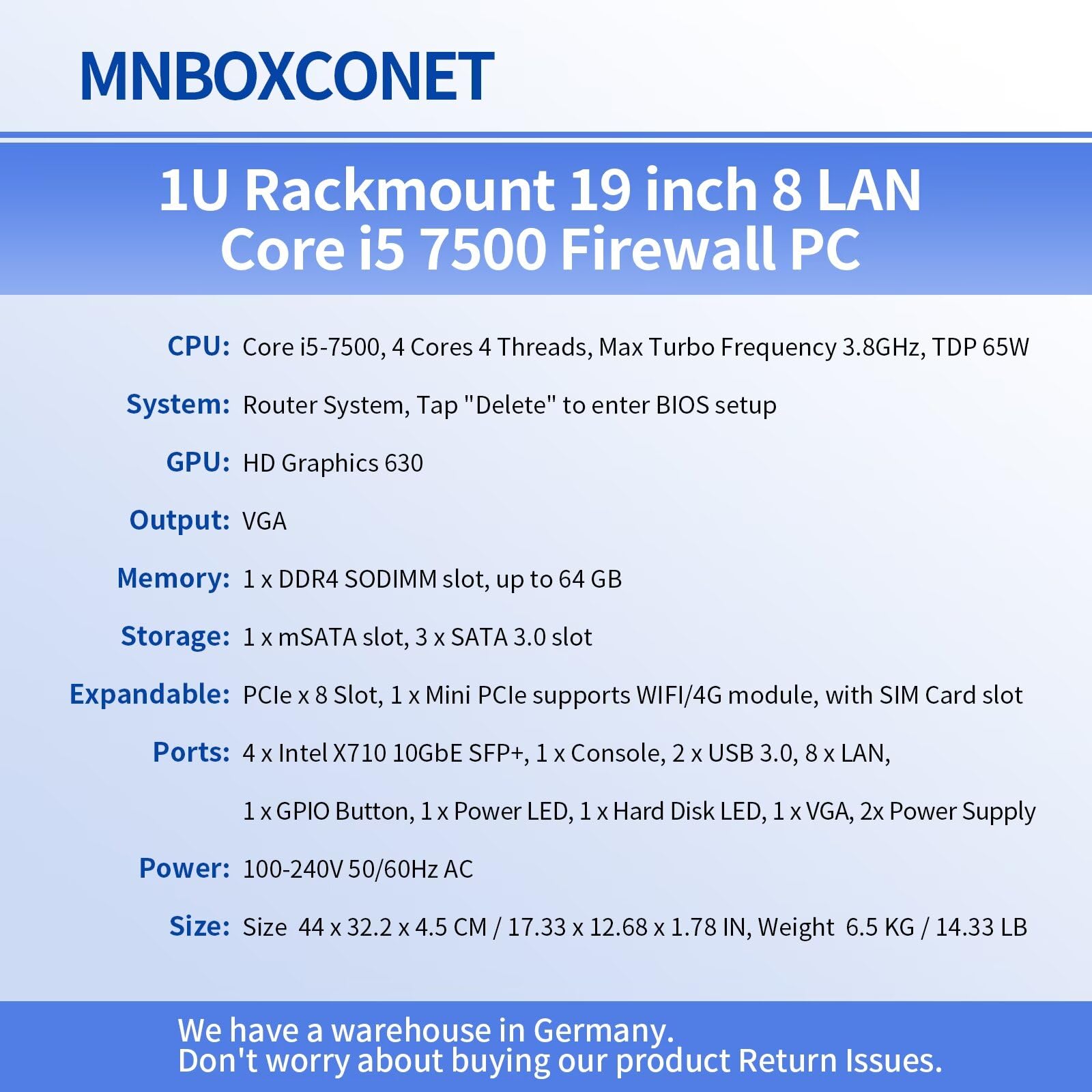 1U Rackmount Server 19'' Firewall Router Appliance Core i5-7500, 4 x 10GBE B250 Network Cabinet 8 x 2.5 Gigabit LAN Console OPNsense, VPN, VGA, USB 3.0, GPIO, Barebone NO RAM NO SSD