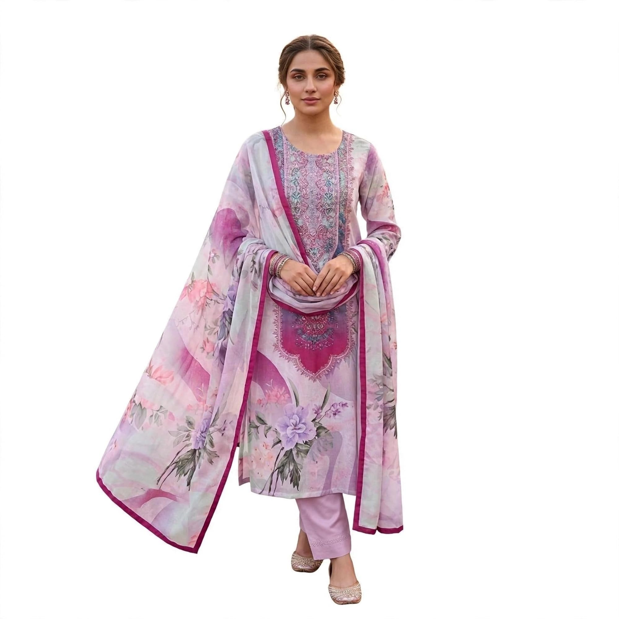 Women's Lavender Floral Printed Linen Blend Salwar Kameez Set-picture-24