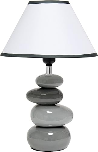 Simple Designs LT1141-GRY Lámpara de mesa de piedra de cerámica apilada gris degradado con pantalla imperio blanco para sala de estar, dormitorio,