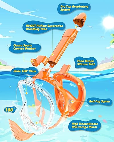 Vista 27 de QingSong Máscara de esnórquel para niños de cara completa, juego de esnórquel con soporte para cámara, plegable, vista panorámica de 180 grados
