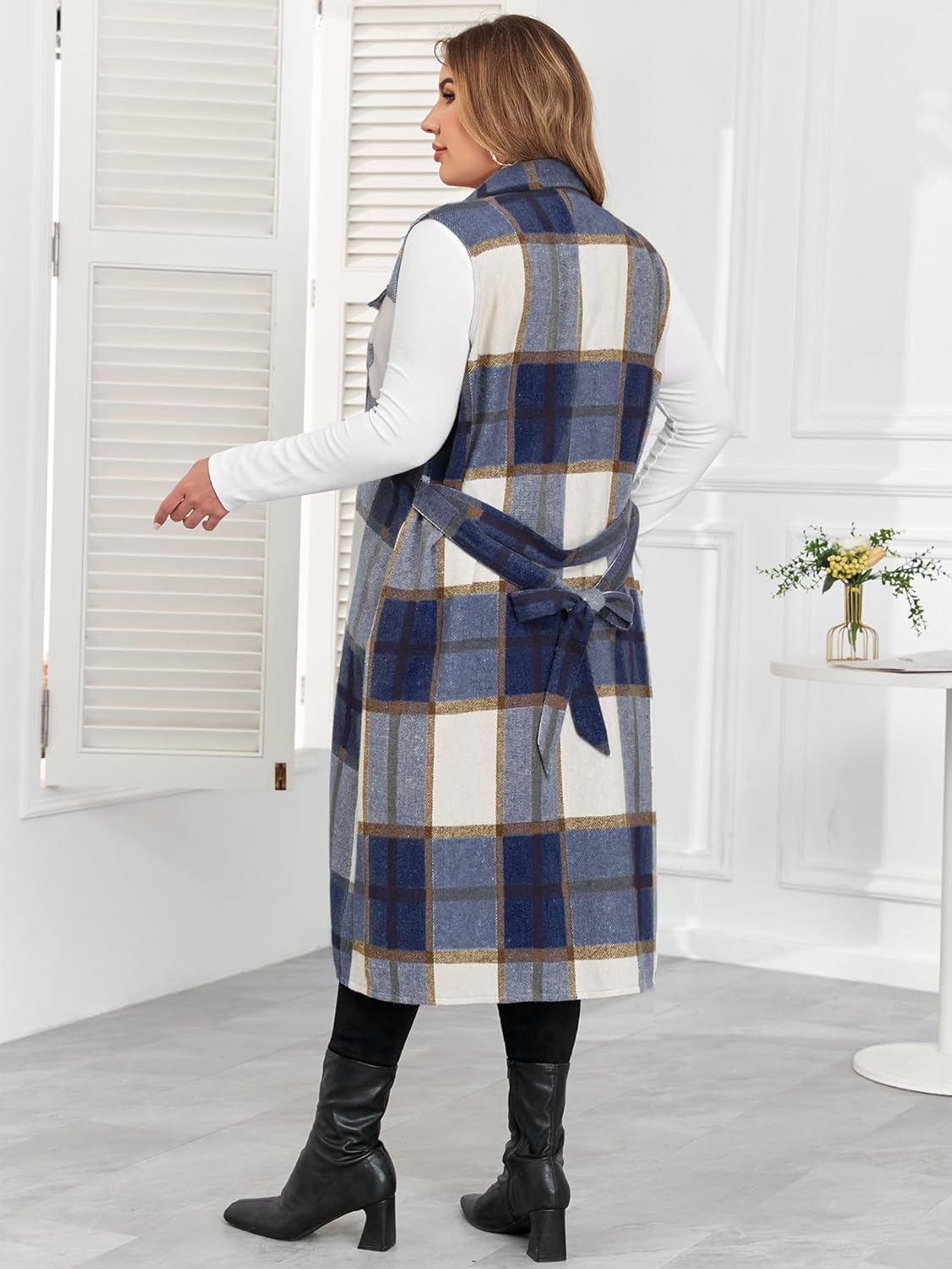 ZOMVA Plus Size 1X-5X Flannel Plaid Long Midi Vest with Pockets Button Down Sleeveless Shacket Coats Fall Outfits Jackets - Image 2