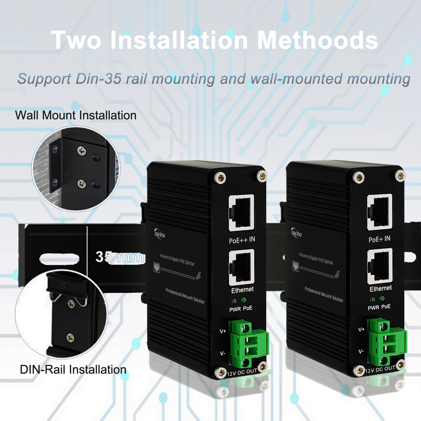 Htfoevrxs Przemysłowy hartowany Gigabit 95 W PoE + rozdzielacz IEEE802.3at/af/bt 12 V DC wyjście zasilacz do kamer monitorujących, systemów kontroli dostępu
