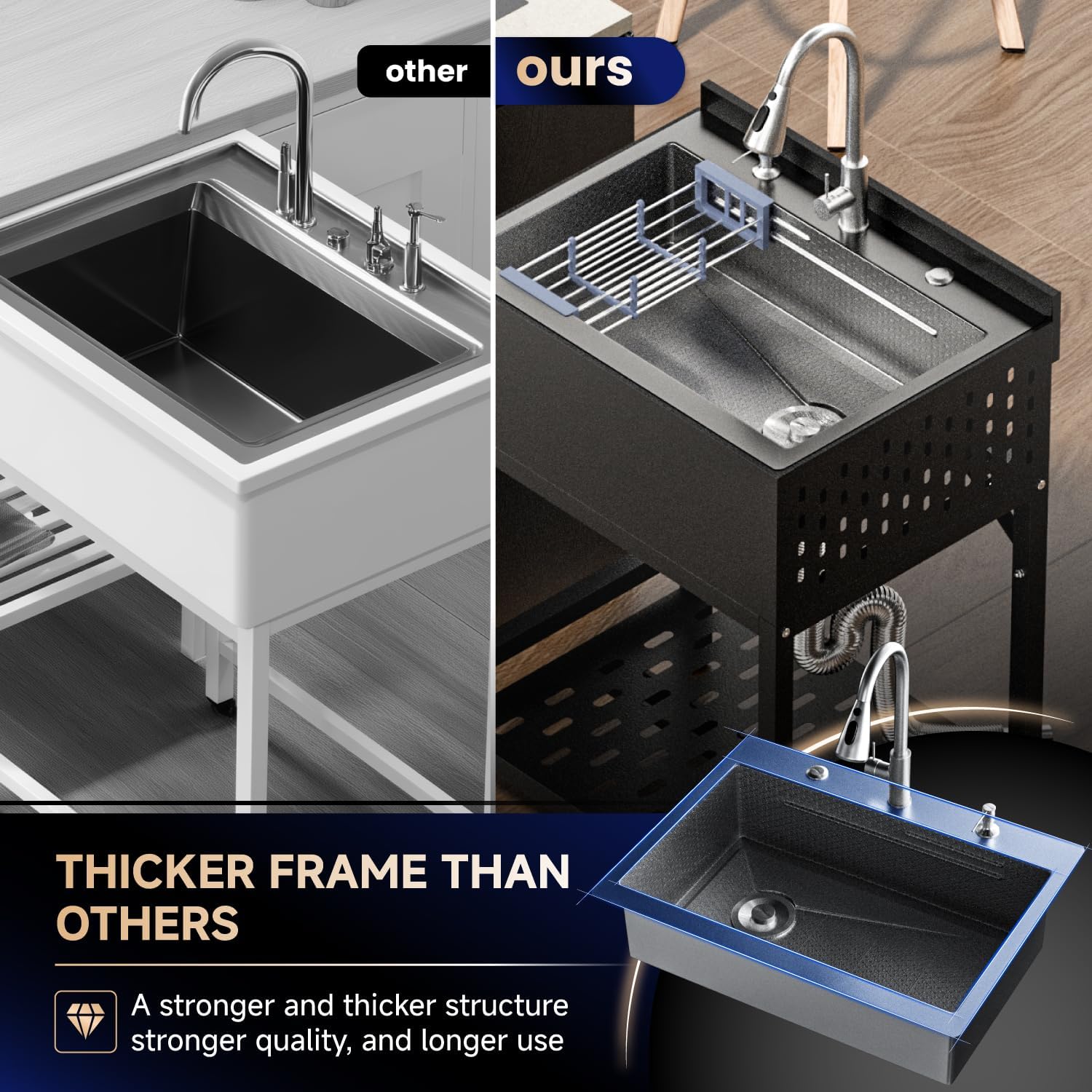 24 Inch Stainless Steel Utility Sink, Freestanding Commercial Sink with Pull-out Faucet,Heavy Duty Single Bowl Laundry Sinks for Garage,Kitchen,Outdoor, 24.21"L x 18.66"W x 35.04"H,Black