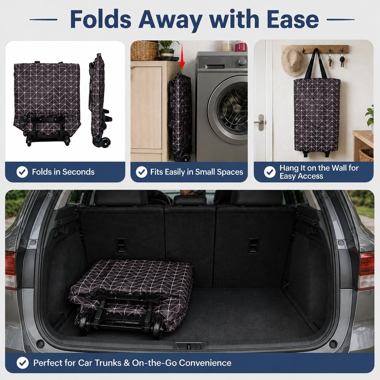 Foldable Rolling Shopping Bag, Grocery Cart on Wheels, 2-in-1 Carry or Roll
