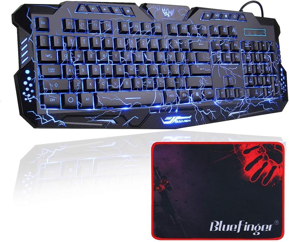 BlueFinger LED Gaming Keyboard,Mechanical Feeling USB Wired Computer Keyboard,114 Keys Letters Glow,3 Color Blue/Red/Purple Led Backlit Keyboard for Laptop PC Computer Game Work