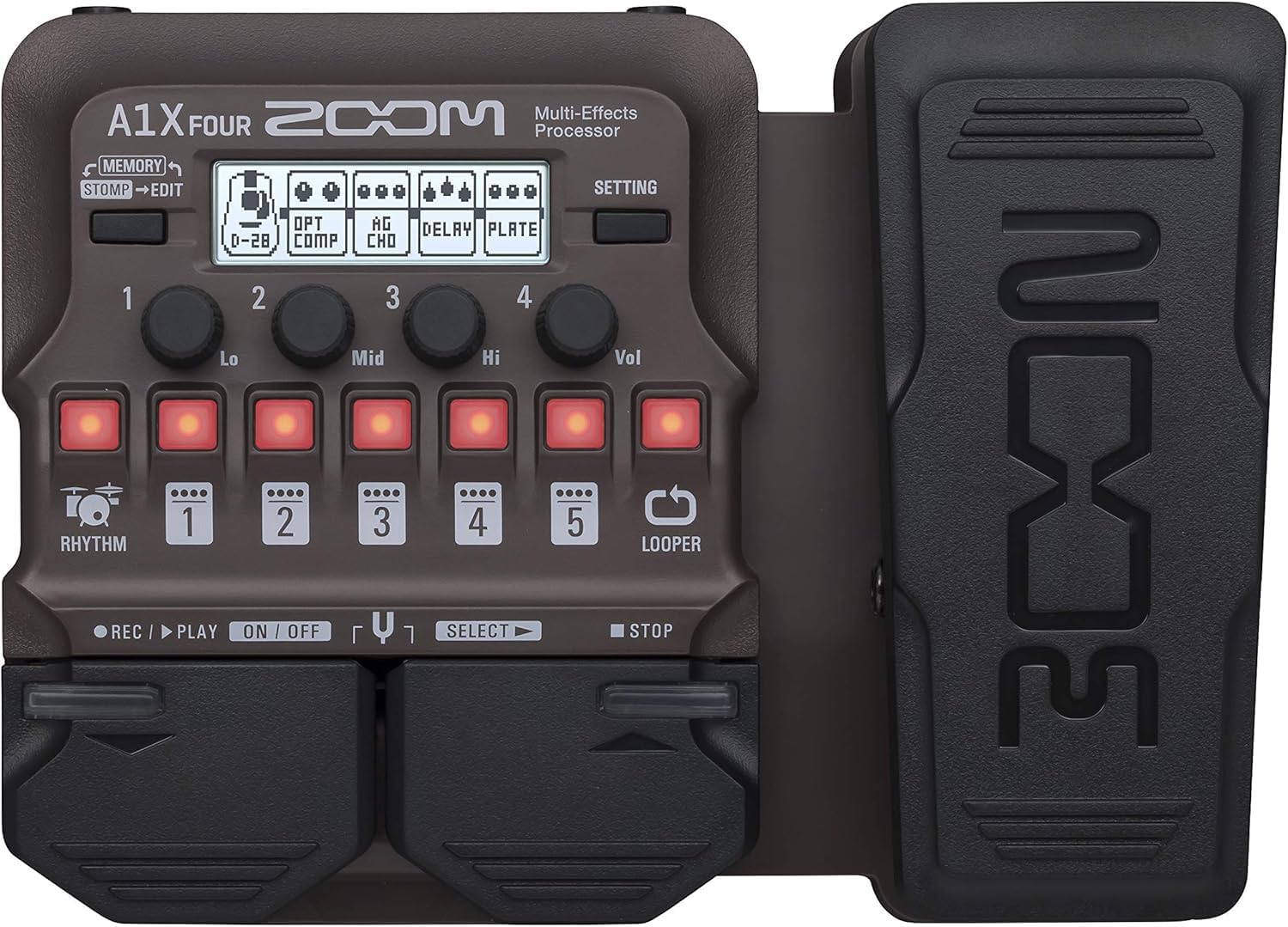Zoom A1X Four Acoustic Instrument Multi-Effect Processor with XCG-4 Classic Guitar Stand, 5x AA Batteries and Coiled Guitar Cable