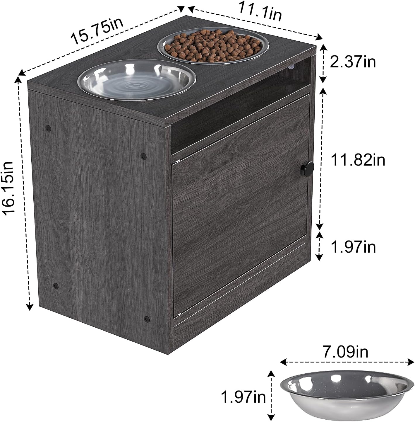 Wooden Dog Feeder Station with Storage - Elevated Dog Bowls, 2 Stainless Steel Food Bowls (Gray)