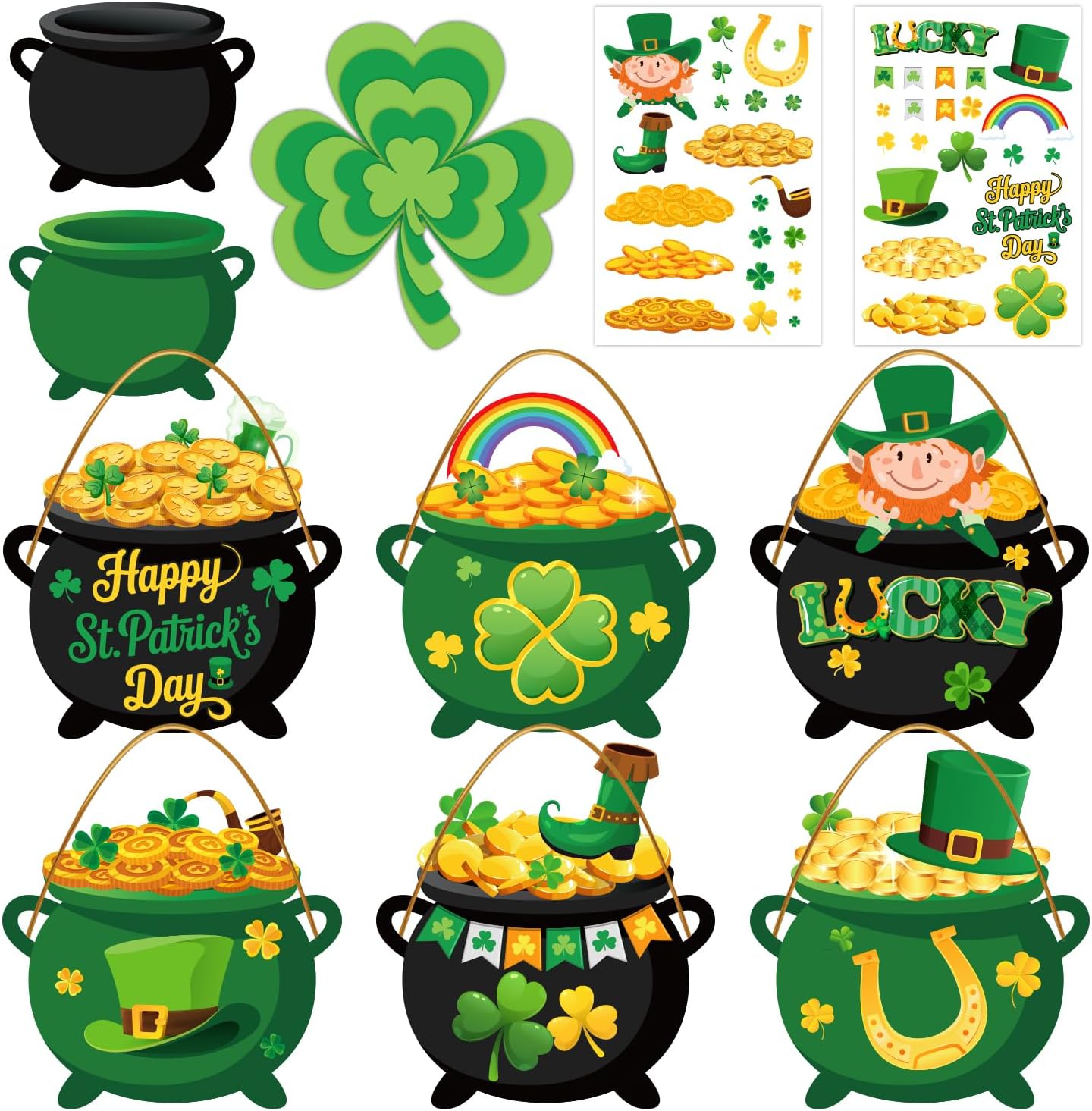 tineit 24 Packs St Patricks Day Crafts, DIY Pot of Gold Decor and Shamrocks Cutouts Set for St. Patrick's Day Activities Displays, Irish Saint Patricks Decorations Gold Coins Cutouts Leprechaun Hat